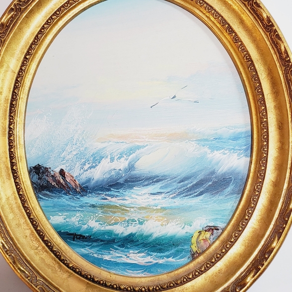 Original Oil Painting Seaside Scene Crashing Waves and Seagulls Signed - Picture 2 of 4